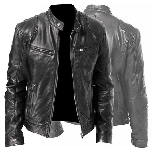 Men's PU Leather Zip-up Cardigan Jacket — Stand Collar