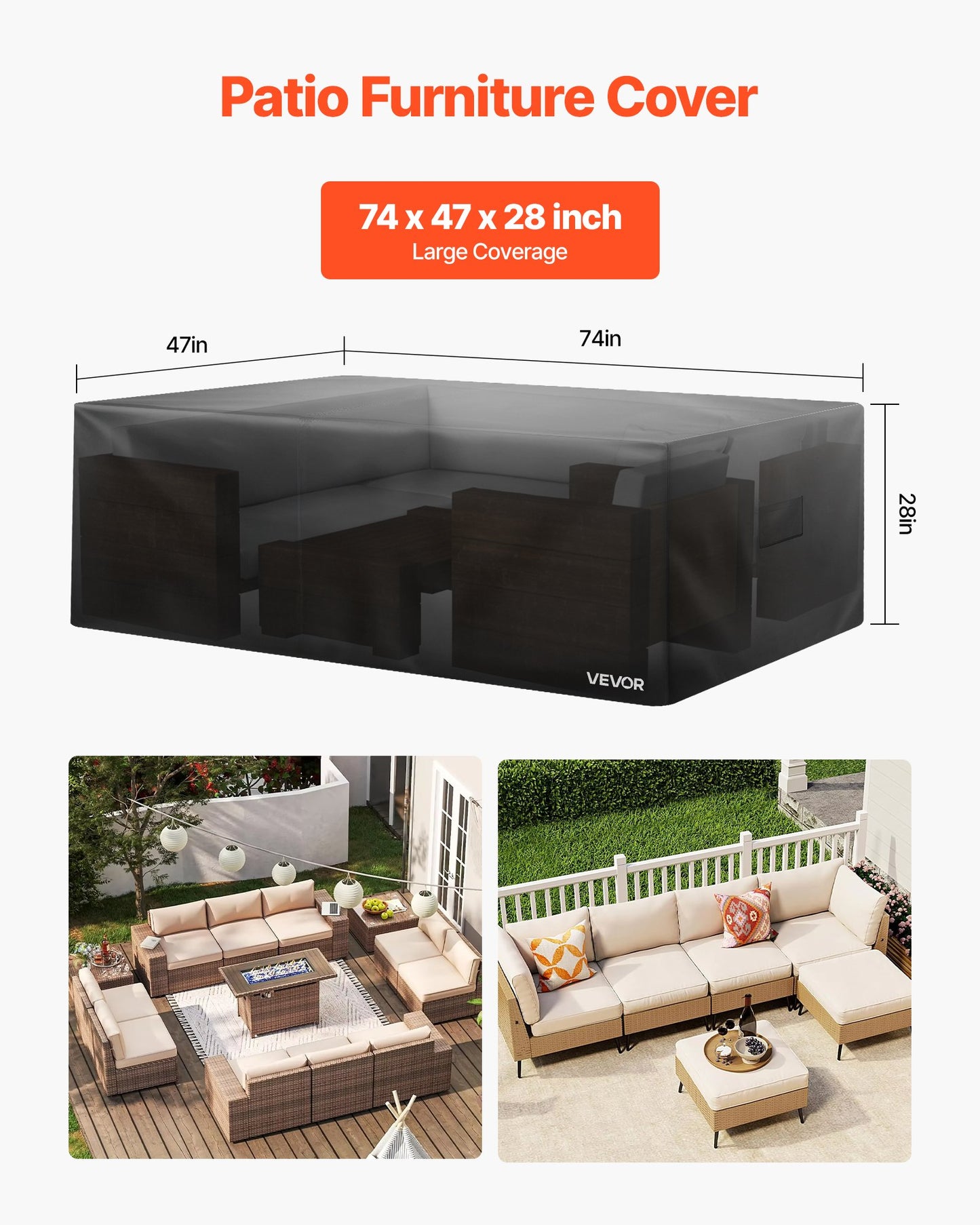 Patio Furniture Cover, 420D Heavy Duty Waterproof Outdoor Dining Table And Chairs Cover, Large Rectangular Patio Table Covers With Air Vent For All Weather, 74L X 47W X 28H Inch, Black