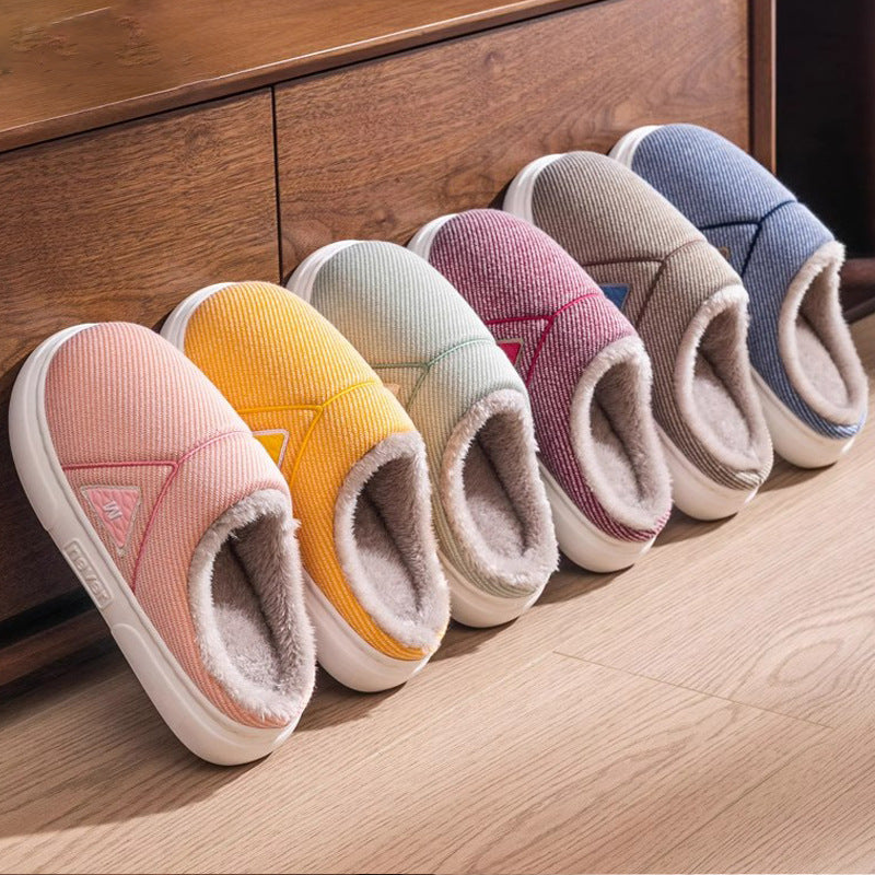 Solid Striped Fleece Slippers — Warm Couple House Shoes