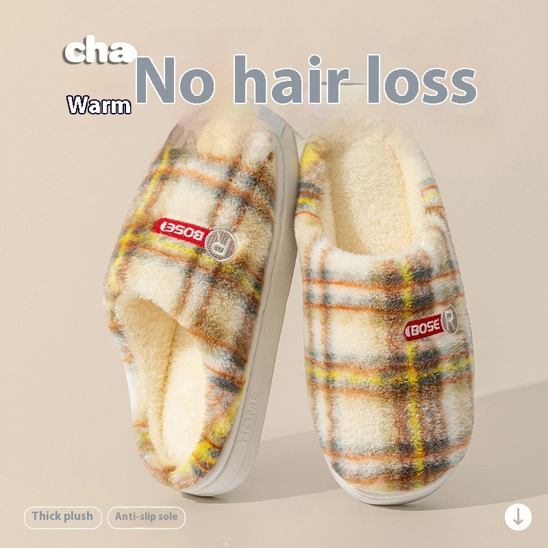 Women's Plaid Plush Cotton Shoes — Warm Non-slip Home Slippers