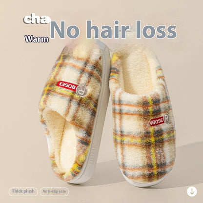 Women's Plaid Plush Cotton Shoes — Warm Non-slip Home Slippers