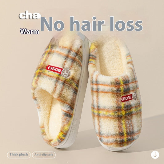 Women's Plaid Plush Cotton Shoes — Warm Non-slip Home Slippers