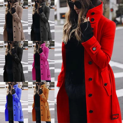 Women's Slim Fit Stand Collar Woolen Cardigan Coat