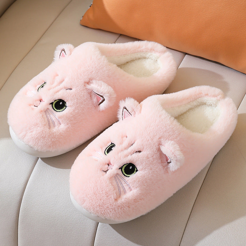 Cute Cat Plush Slippers — Non-slip Couple House Shoes