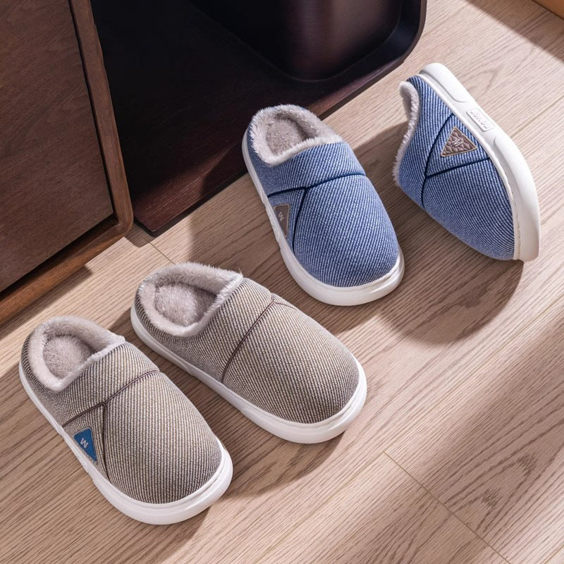 Solid Striped Fleece Slippers — Warm Couple House Shoes