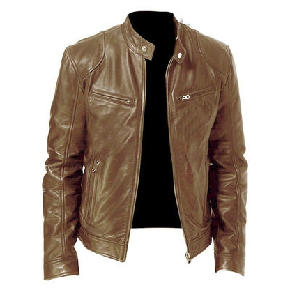 Men's PU Leather Zip-up Cardigan Jacket — Stand Collar