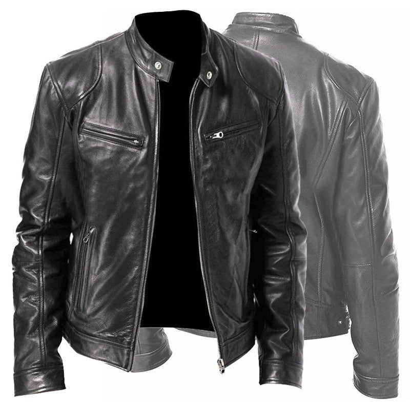 Men's PU Leather Zip-up Cardigan Jacket — Stand Collar
