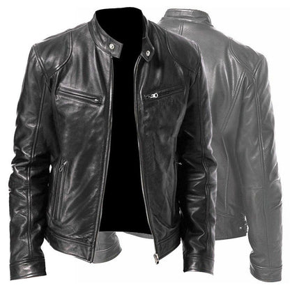 Men's PU Leather Zip-up Cardigan Jacket — Stand Collar