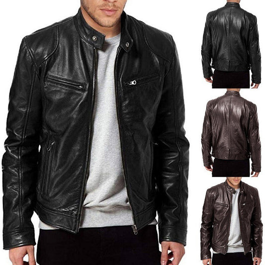 Men's PU Leather Zip-up Cardigan Jacket — Stand Collar
