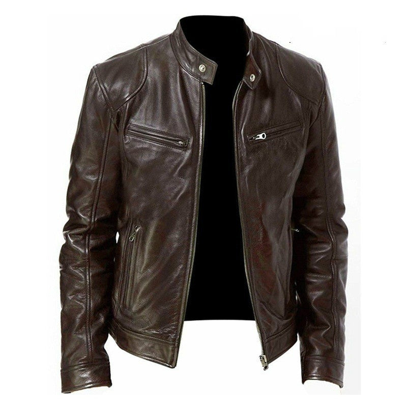 Men's PU Leather Zip-up Cardigan Jacket — Stand Collar