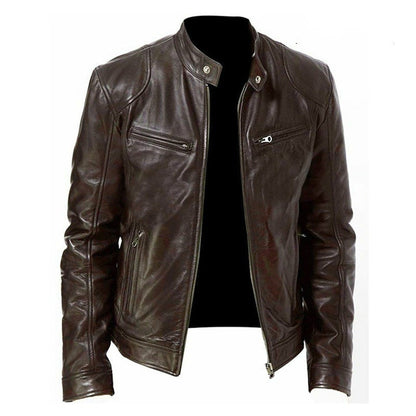 Men's PU Leather Zip-up Cardigan Jacket — Stand Collar