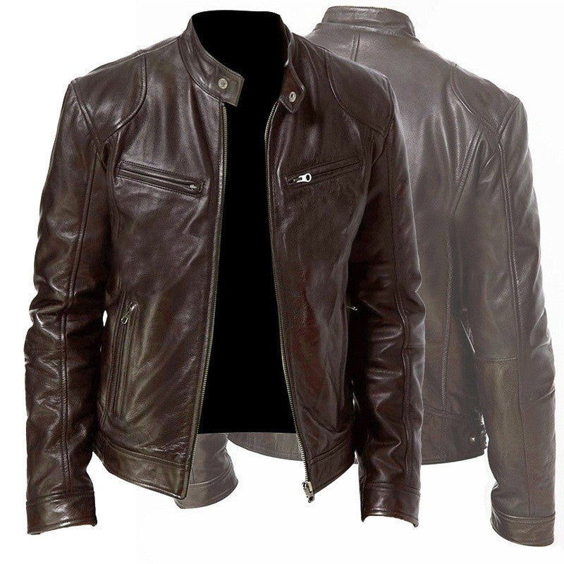 Men's PU Leather Zip-up Cardigan Jacket — Stand Collar