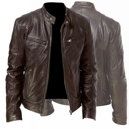 Men's PU Leather Zip-up Cardigan Jacket — Stand Collar