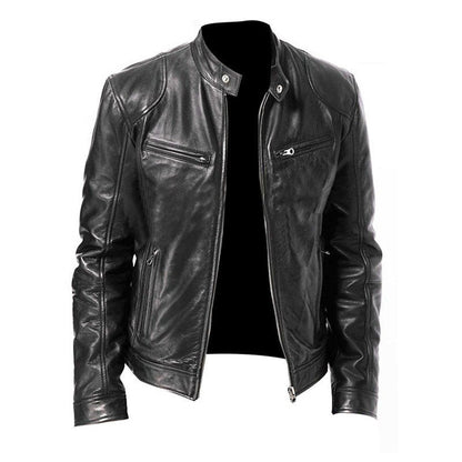 Men's PU Leather Zip-up Cardigan Jacket — Stand Collar