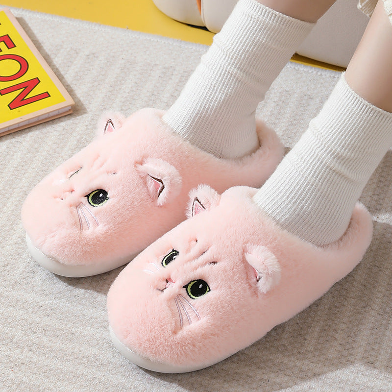 Cute Cat Plush Slippers — Non-slip Couple House Shoes