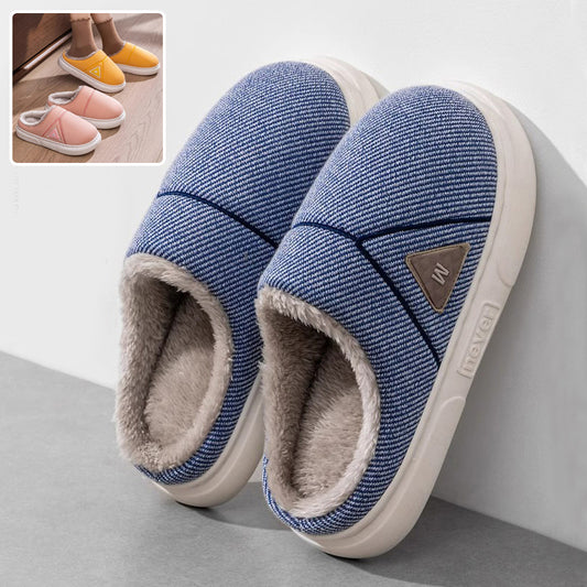 Solid Striped Fleece Slippers — Warm Couple House Shoes