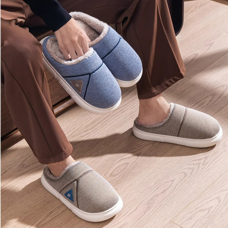 Solid Striped Fleece Slippers — Warm Couple House Shoes