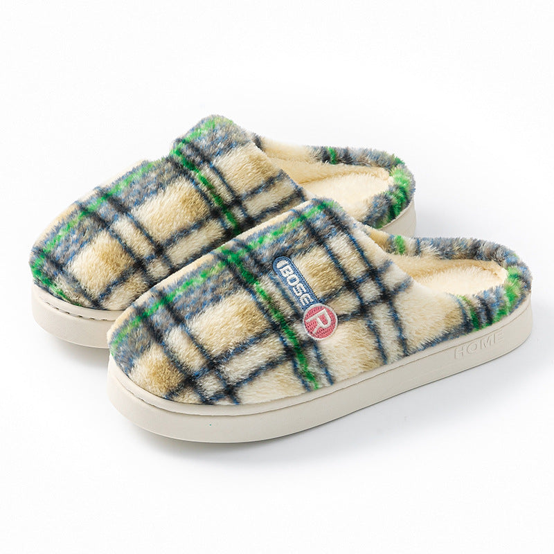 Women's Plaid Plush Cotton Shoes — Warm Non-slip Home Slippers