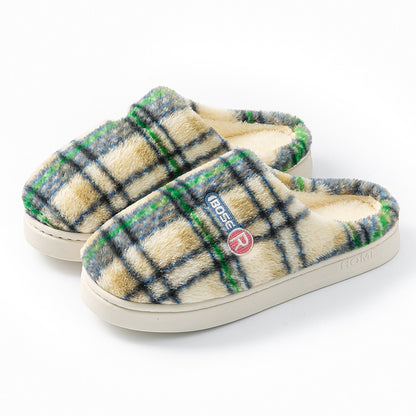 Women's Plaid Plush Cotton Shoes — Warm Non-slip Home Slippers