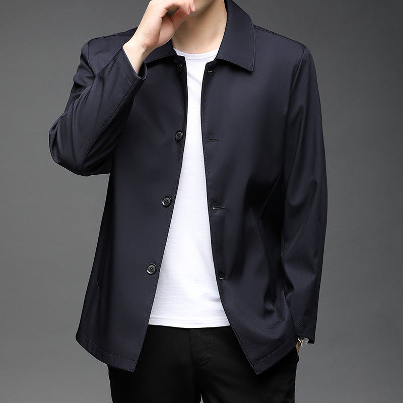 Fall Winter Men Polo Collar Solid Color Business Jacket Short Button Lightweight Coat