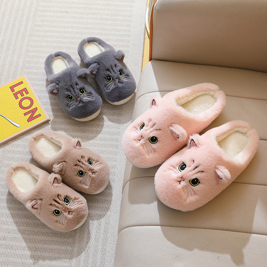 Cute Cat Plush Slippers — Non-slip Couple House Shoes