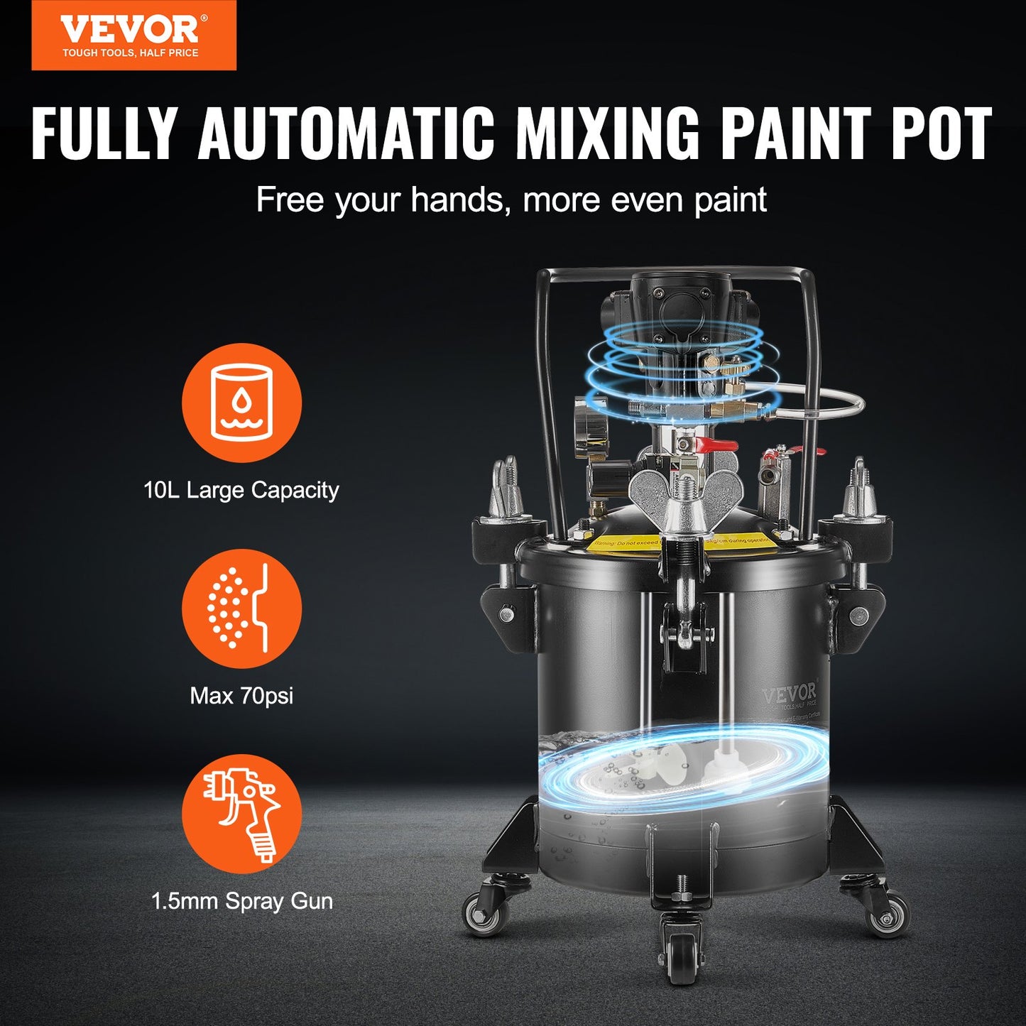 Spray Paint Pressure Pot, 10 L,2.5 Gal Fully Automatic Stirring Pressure Pot Tank, 70 Psi Adjustale Pressure, Pressure Pot Paint Tank With Spray Gun And Hoses, For Home Decor Industry Painting