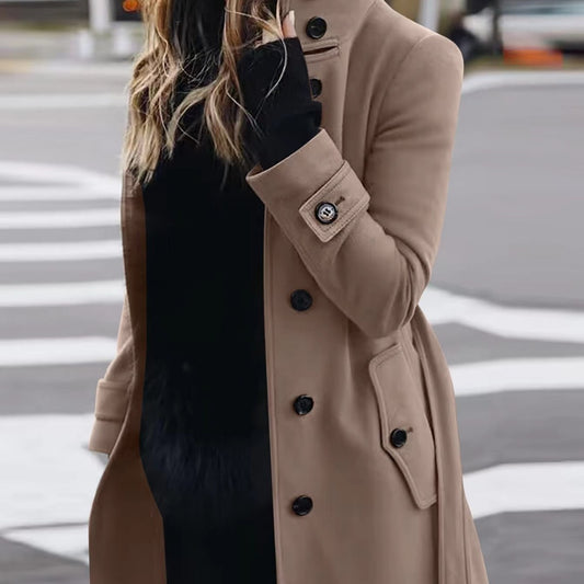 Women's Slim Fit Stand Collar Woolen Cardigan Coat