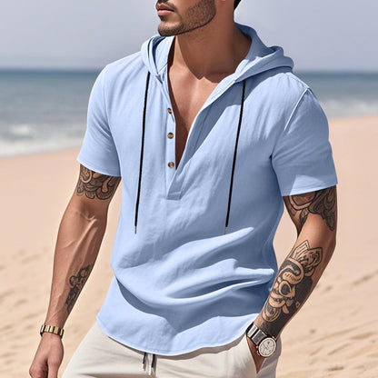 Breathable Linen Hooded Henley Shirt With Short Sleeves