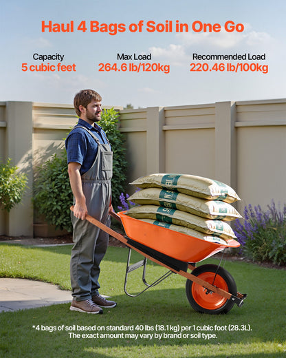 Wheelbarrow Cart, 5 Cu. Ft. Load & 330 Lbs Capacity, One Wheel Garden Dump Cart, Garden Wagon With Metal Handle &  16" Wide Track Wheels, Easy Loading Utility Yard Cart & Wagons For Lawn Farm
