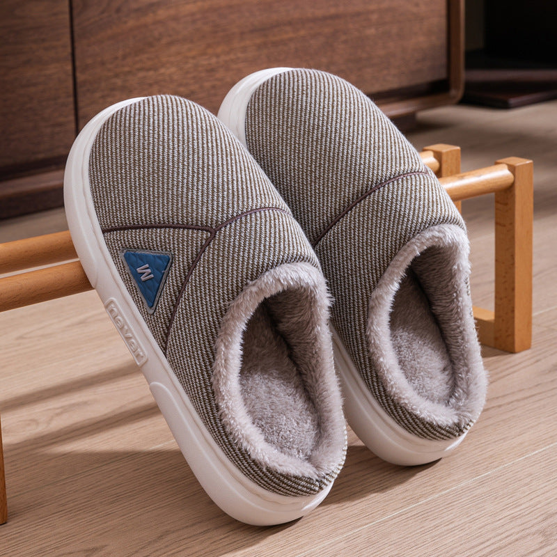 Solid Striped Fleece Slippers — Warm Couple House Shoes