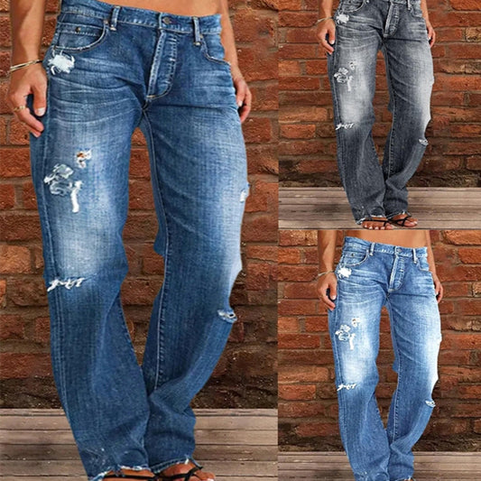 Ripped Jeans Loose Wide Leg Denim Pants Leisure Commuting Trousers Women's Clothing