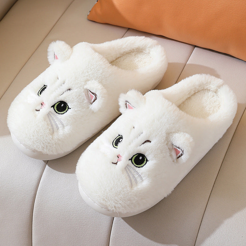 Cute Cat Plush Slippers — Non-slip Couple House Shoes