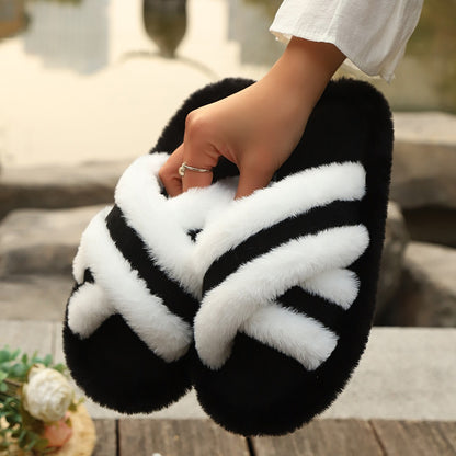 Fluffy Cross-strap Platform Slippers — Warm Casual Indoor Shoes