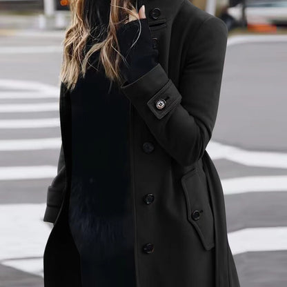 Women's Slim Fit Stand Collar Woolen Cardigan Coat