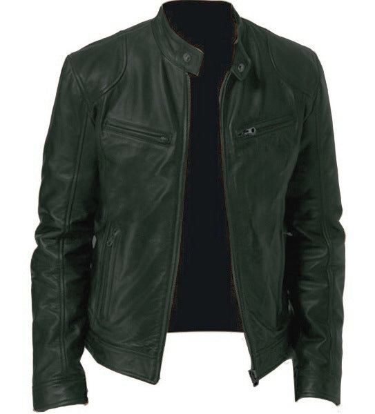 Men's PU Leather Zip-up Cardigan Jacket — Stand Collar