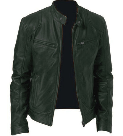 Men's PU Leather Zip-up Cardigan Jacket — Stand Collar