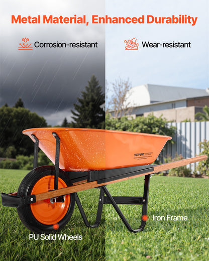 Wheelbarrow Cart, 5 Cu. Ft. Load & 330 Lbs Capacity, One Wheel Garden Dump Cart, Garden Wagon With Metal Handle &  16" Wide Track Wheels, Easy Loading Utility Yard Cart & Wagons For Lawn Farm