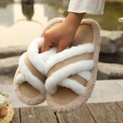 Fluffy Cross-strap Platform Slippers — Warm Casual Indoor Shoes