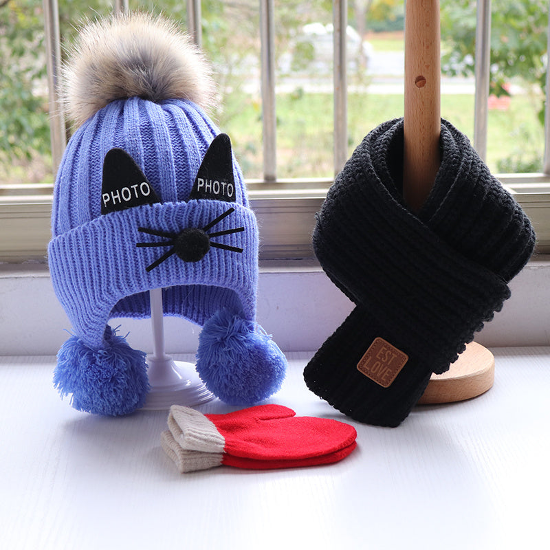 Hat Scarf Set Children Thicken Knitted Wool Hat Bib Gloves Cute Cat