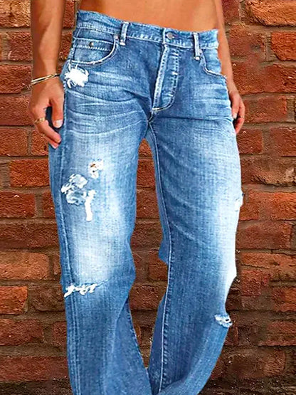Ripped Jeans Loose Wide Leg Denim Pants Leisure Commuting Trousers Women's Clothing