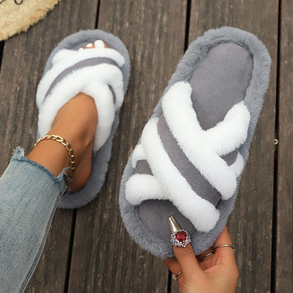 Fluffy Cross-strap Platform Slippers — Warm Casual Indoor Shoes