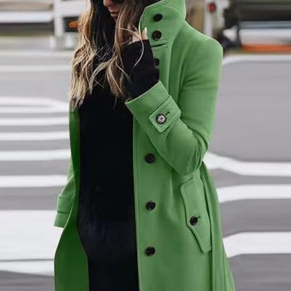 Women's Slim Fit Stand Collar Woolen Cardigan Coat