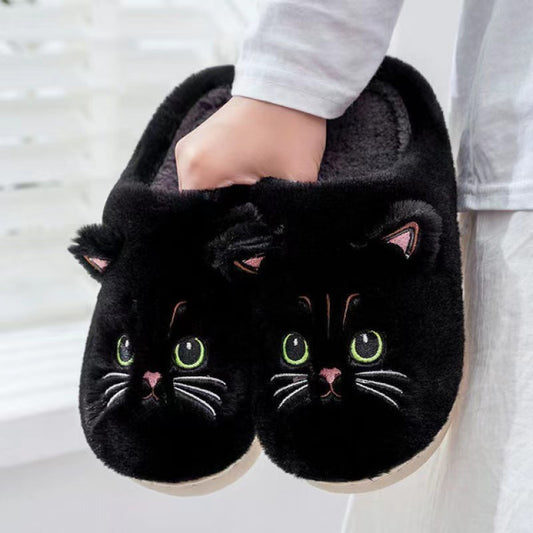 Cute Cat Plush Slippers — Non-slip Couple House Shoes
