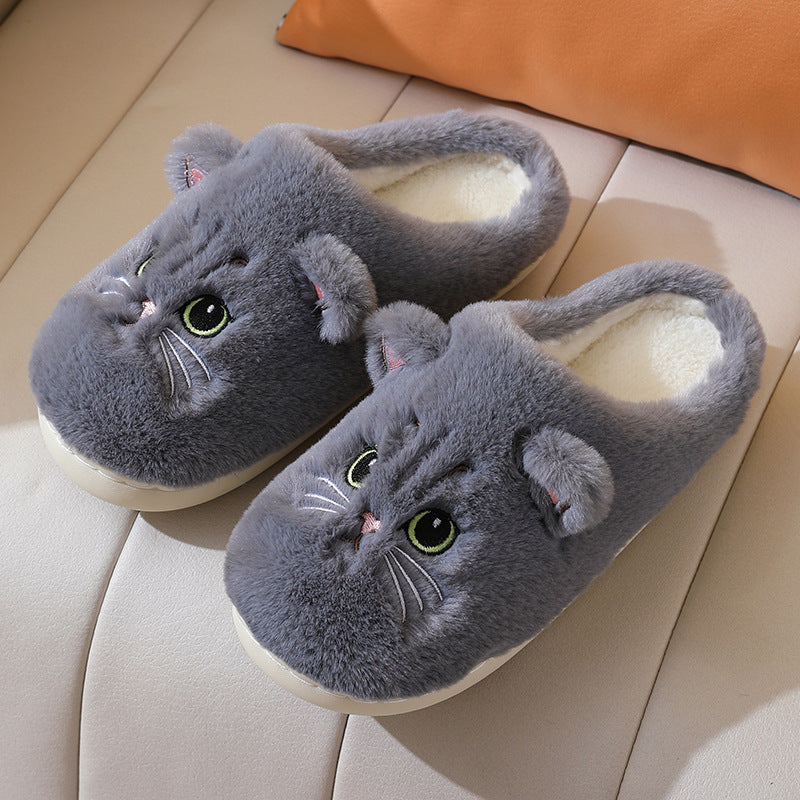 Cute Cat Plush Slippers — Non-slip Couple House Shoes