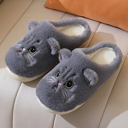 Cute Cat Plush Slippers — Non-slip Couple House Shoes