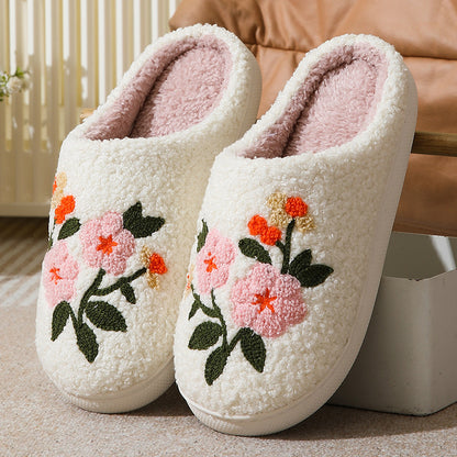Colourful Floral Cotton Slippers — Warm Indoor House Shoes