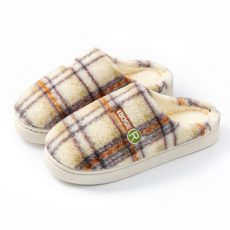 Women's Plaid Plush Cotton Shoes — Warm Non-slip Home Slippers