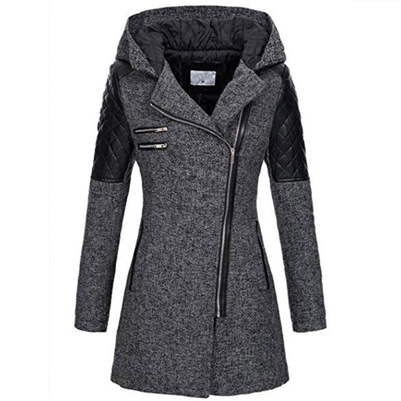 Women Warm Slim Full Zipper Coat Thick Woolen Coat Female Fall Winter Windbreaker Hooded Diagonal Zipper Women's Clothing