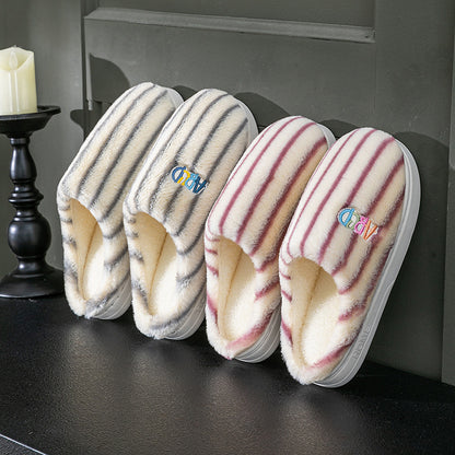 Colourful Vertical Stripe Plush Cotton Slippers
