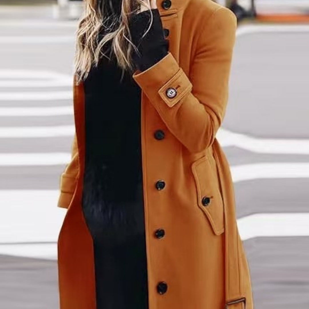 Women's Slim Fit Stand Collar Woolen Cardigan Coat